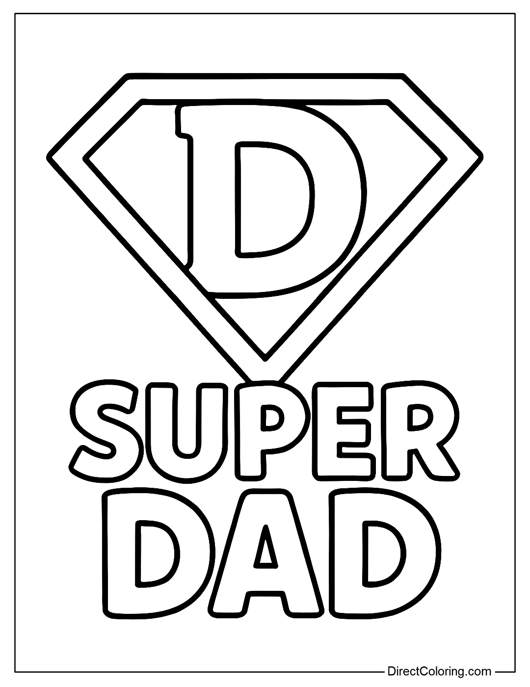 A coloring page of a superhero logo with a variation of the letter D and the words Super Dad